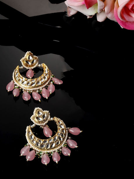 Pink And Gold Drop Earring With Kundan And Pearls