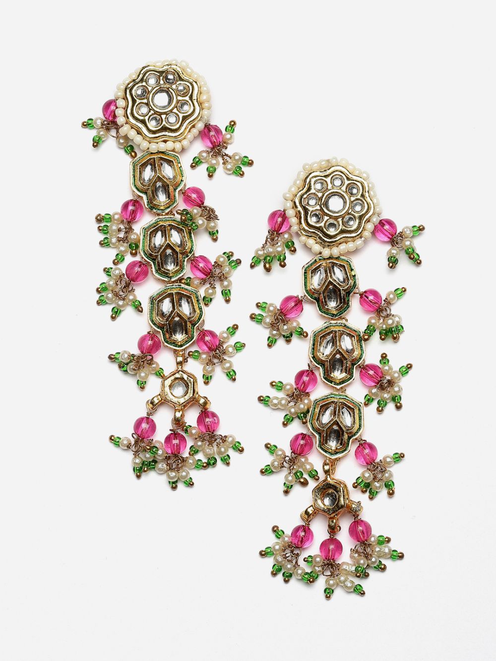 Pink And Green Drop Earring With Kundan And Pearls