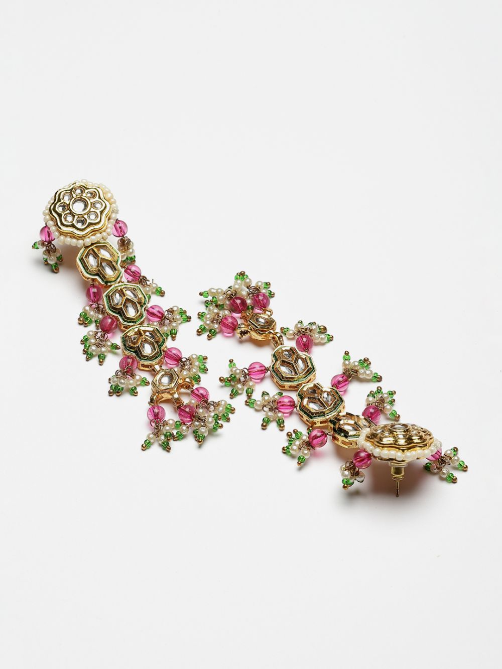 Pink And Green Drop Earring With Kundan And Pearls