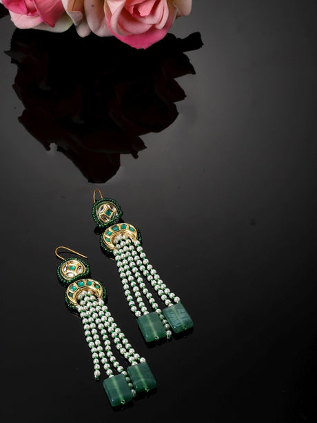 Blue And White Drop Earring With Kundan And Pearls