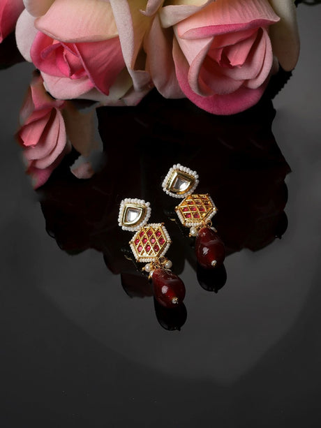 Maroon And Red Drop Earring With Kundan And Pearls