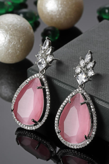 Pink And Silver Drop Earring With American Diamond And Natural Stones