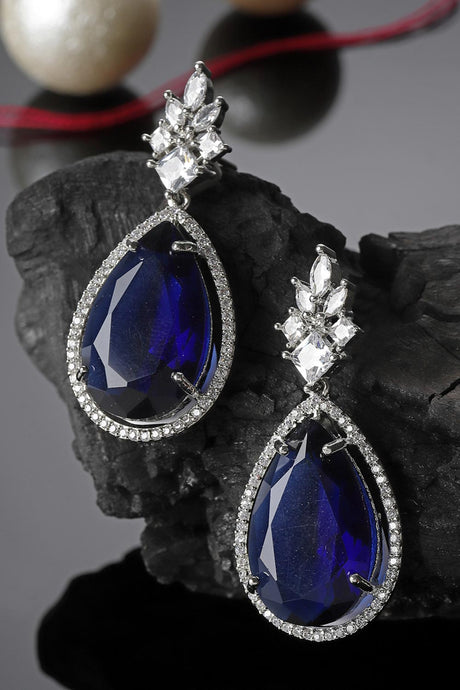 Blue And Silver Drop Earring With American Diamond And Natural Stones