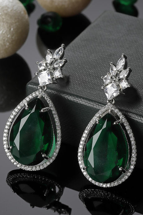 Green And Silver Drop Earring With American Diamond And Natural Stones