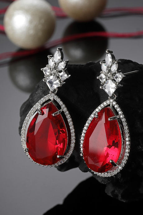 Red And Silver Drop Earring With American Diamond And Natural Stones