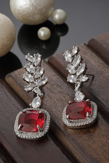 Red And Silver Drop Earring With American Diamond And Natural Stones