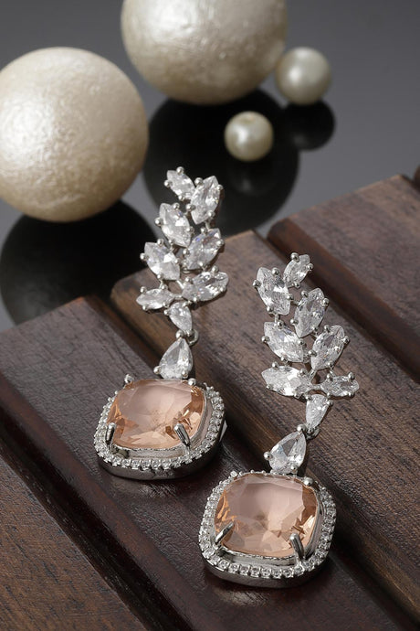 Orange And Silver Drop Earring With American Diamond And Natural Stones