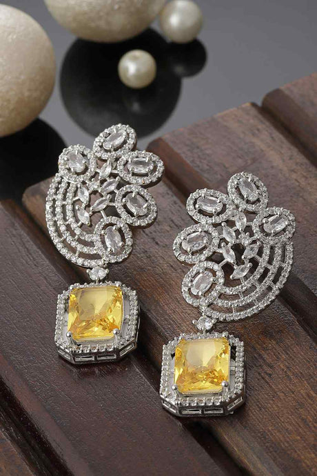 Yellow And Silver Drop Earring With American Diamond And Natural Stones