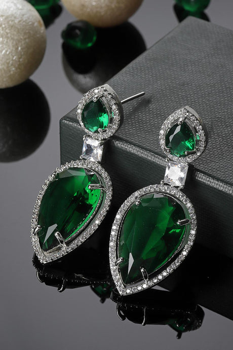 Green And Silver Drop Earring With American Diamond And Natural Stones