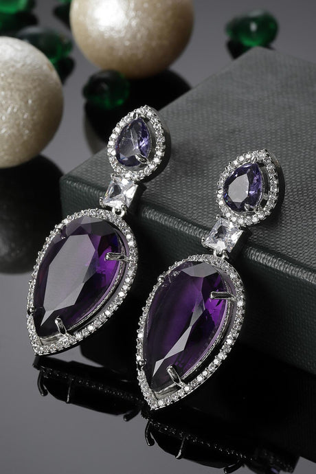 Purple And Silver Drop Earring With American Diamond And Natural Stones