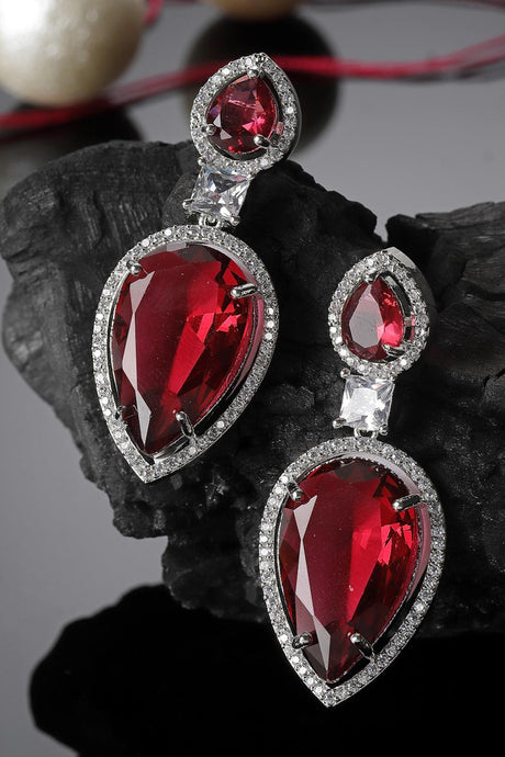 Red And Silver Drop Earring With American Diamond And Natural Stones