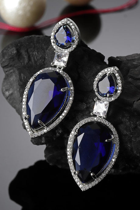 Blue And Silver Drop Earring With American Diamond And Natural Stones