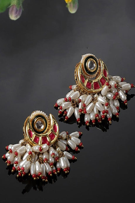 Red And Gold Drop Earring With Kundan And Pearls