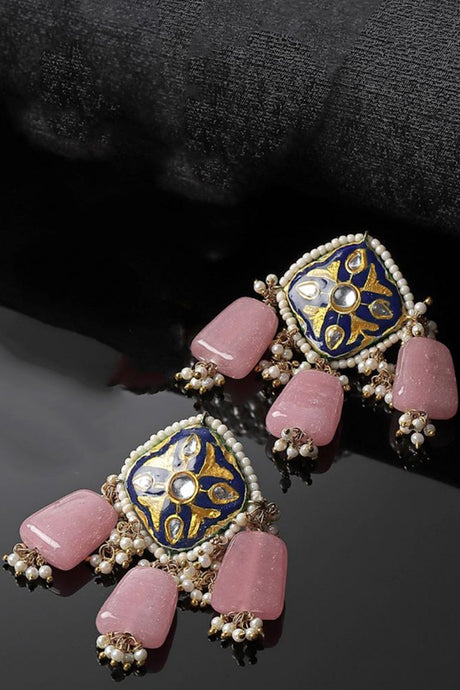 Pink And Blue Drop Earring With Kundan And Pearls