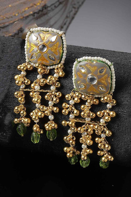 Grey And Green Drop Earring With Kundan And Pearls
