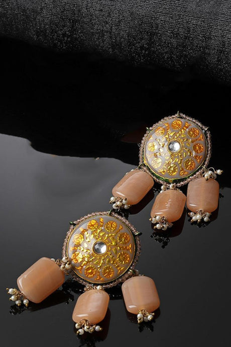 Grey And Orange Drop Earring With Kundan And Pearls