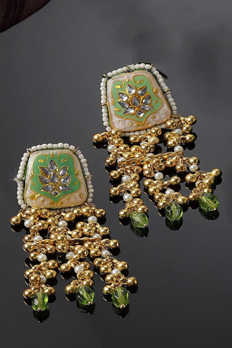 Green And Cream Drop Earring With Kundan And Pearls