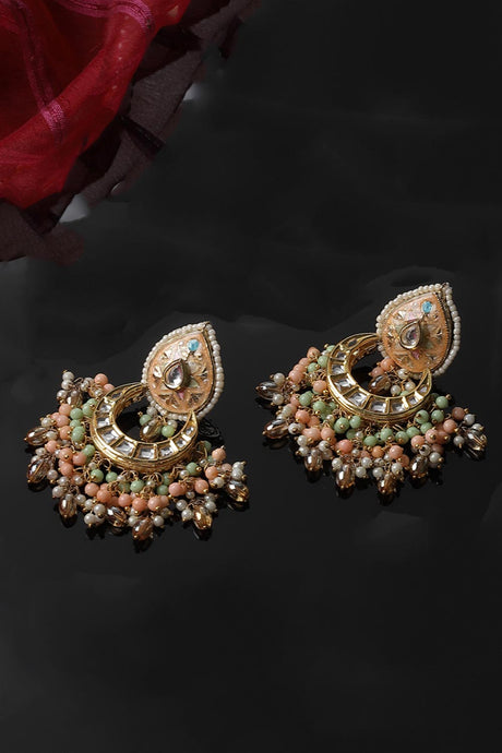 Peach And Blue Drop Earring With Kundan And Pearls
