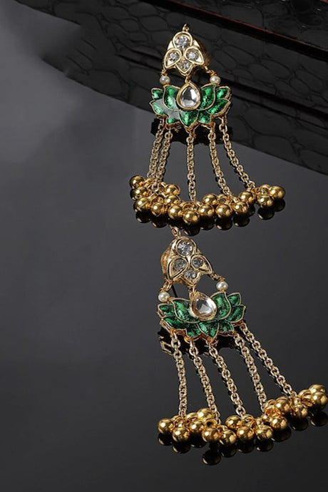 Green And Gold Drop Earring With Kundan And American Diamonds