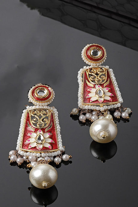 Red And Pink Drop Earring With Kundan And Pearls