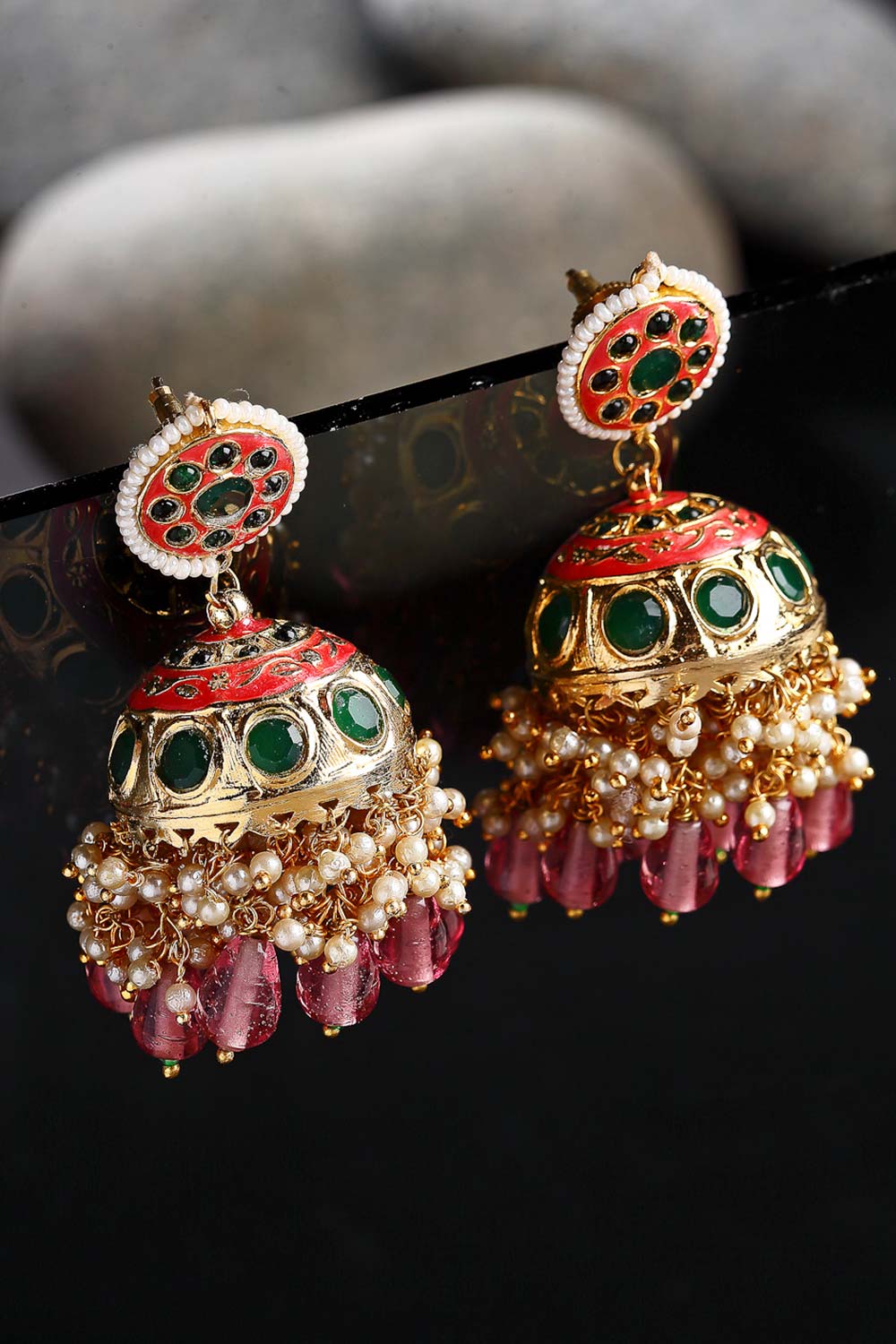 Buy Women's Sterling Silver Jhumka Earring in Pink Online - Front