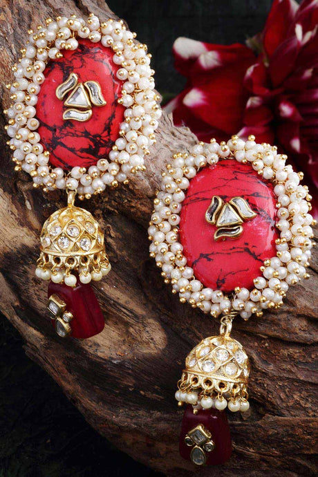 Red And Black Gold-Plated Kundan Pearls And Ruby Jhumka Earring