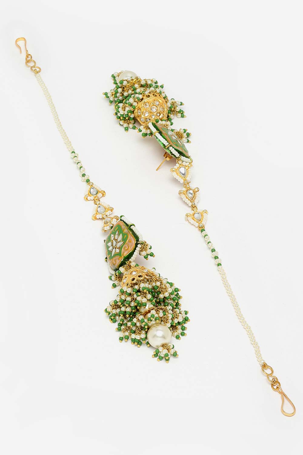Green And White Gold-Plated Kundan And Pearls Jhumka Earring