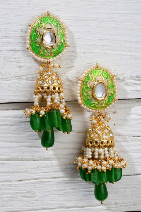 Green  Gold-Plated Kundan And Pearls  Jhumka Earring