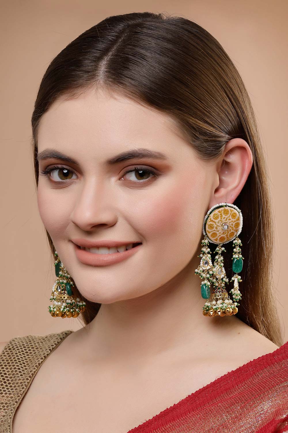 Multicolor Gold-Plated Kundan And Pearls Jhumka Earring