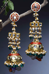 Multi Color Gold-Plated Kundan Diamonds And Pearls Jhumka Earring