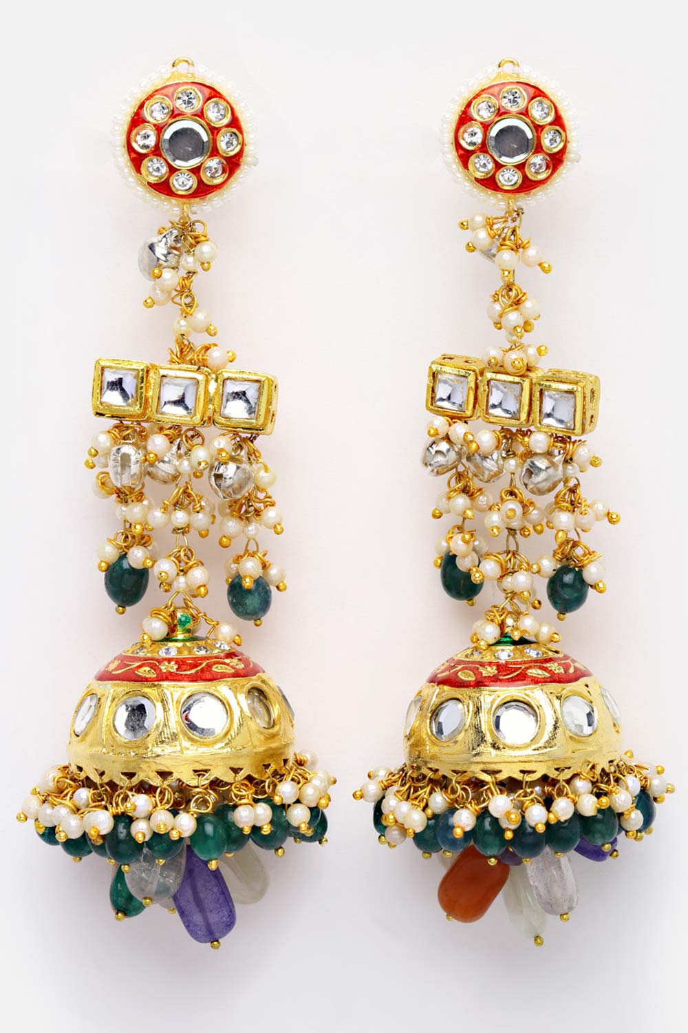 Multi Color Gold-Plated Kundan Diamonds And Pearls Jhumka Earring