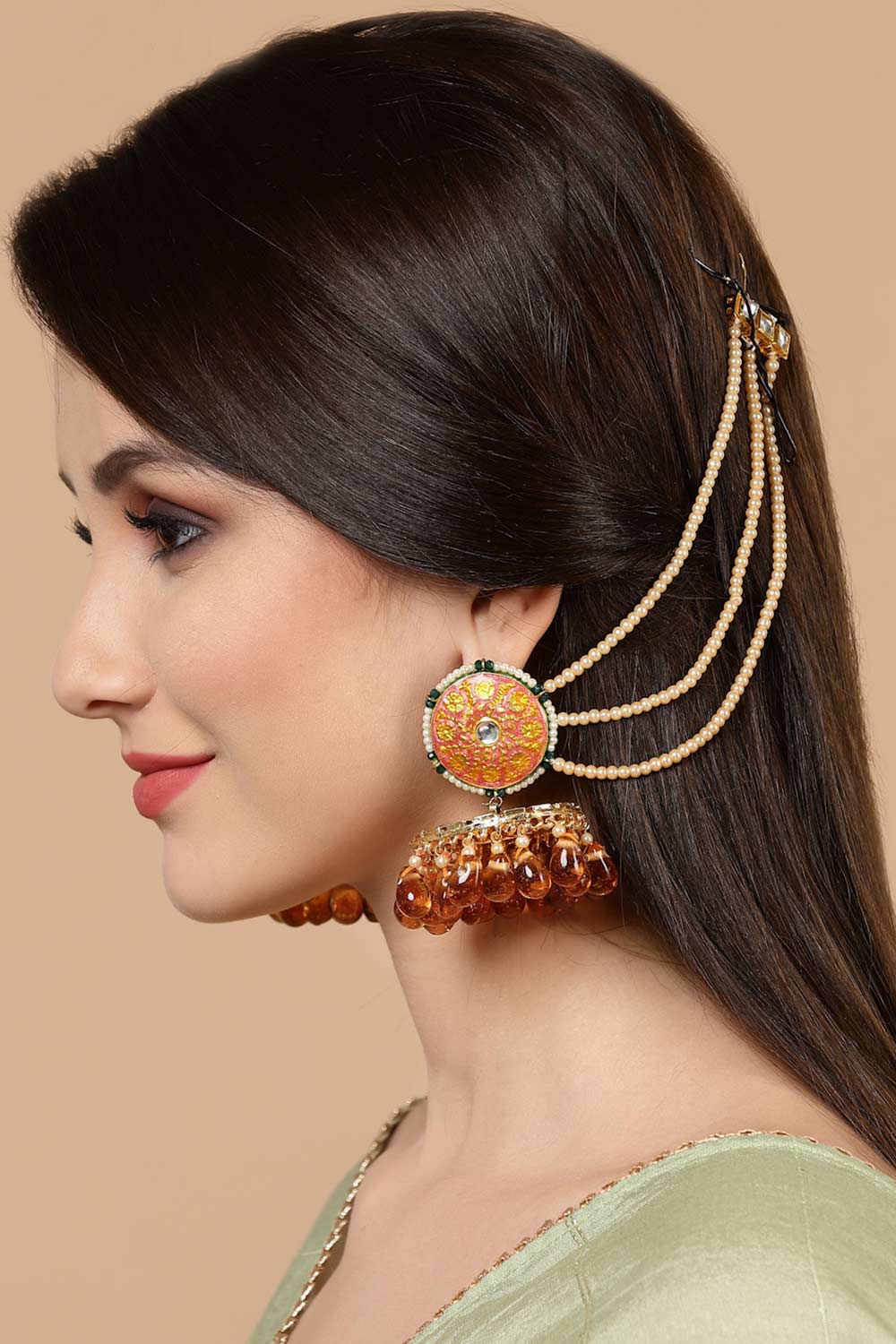 Pink And Peach Gold-Plated Kundan And Pearls Jhumka Earring With Hair Chain