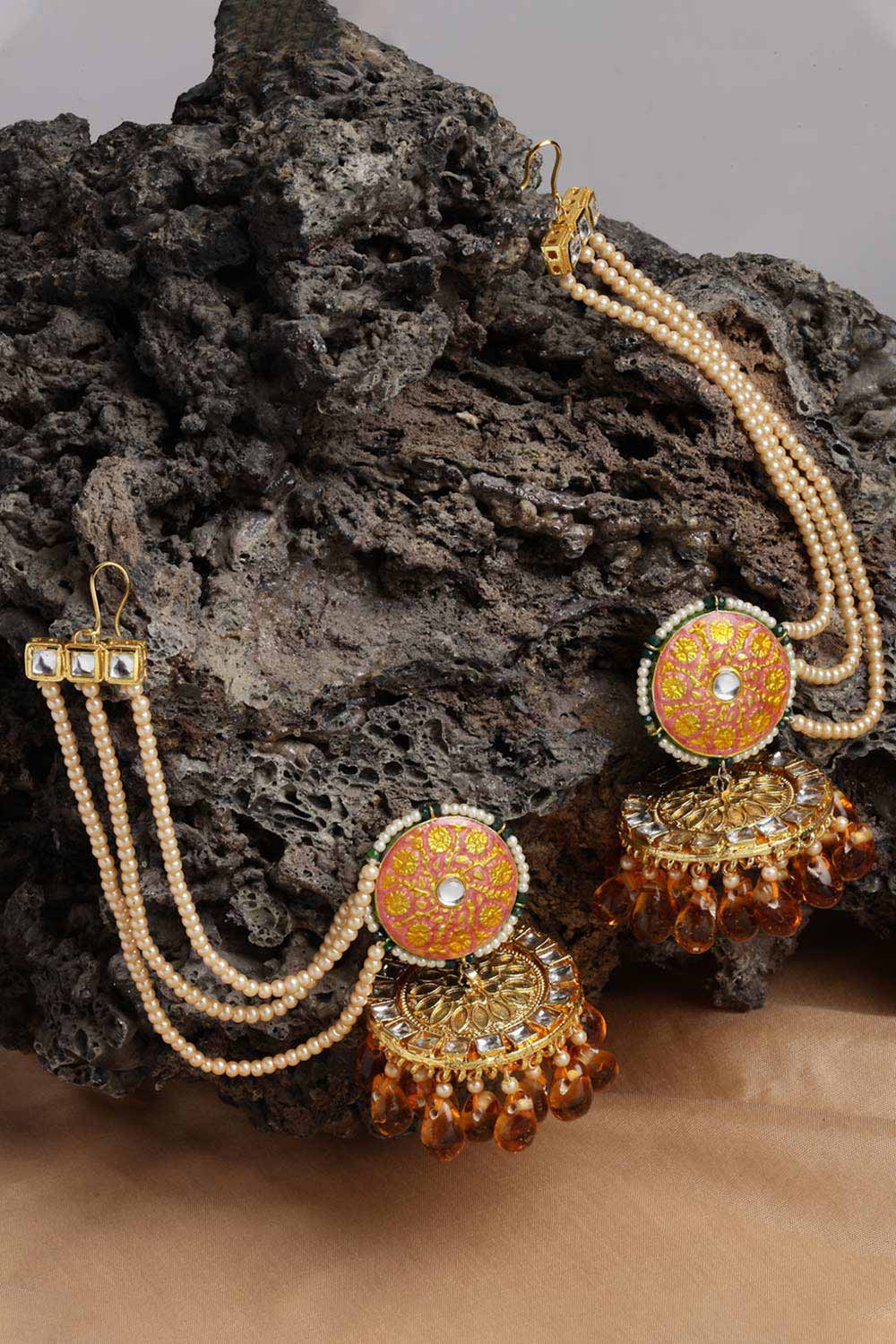 Pink And Peach Gold-Plated Kundan And Pearls Jhumka Earring With Hair Chain