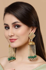 Green And Gold Gold-Plated Kundan And Pearls Jhumka Dangling