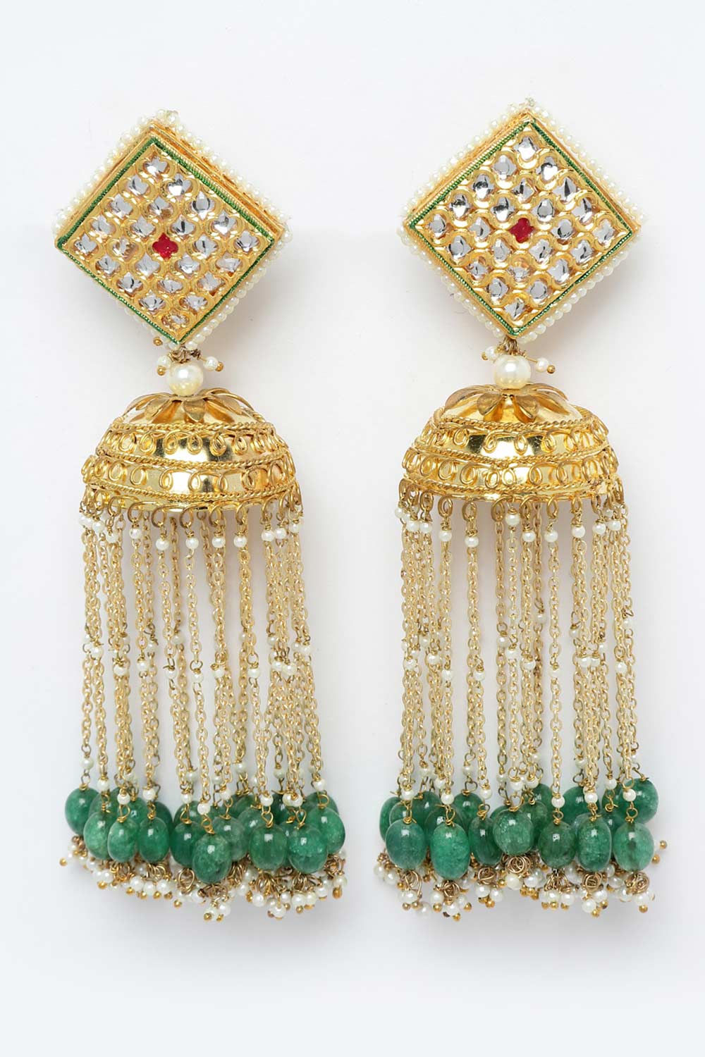 Green And Gold Gold-Plated Kundan And Pearls Jhumka Dangling