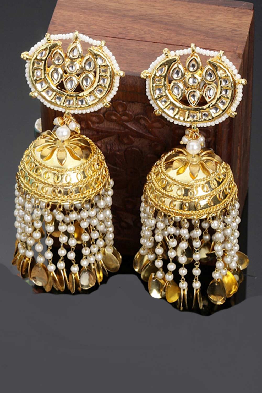 Gold And White Gold-Plated Kundan And Pearls Jhumka Dangling