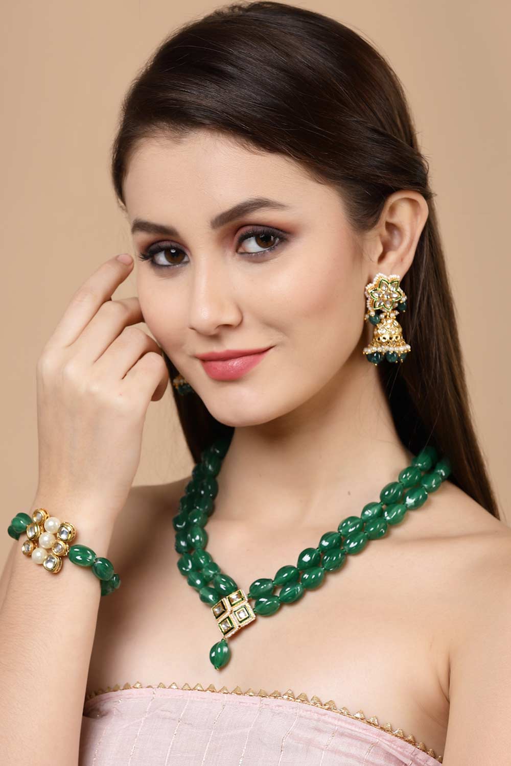 Green And Gold Gold-Plated Kundan And American Diamonds Jhumka Dangling