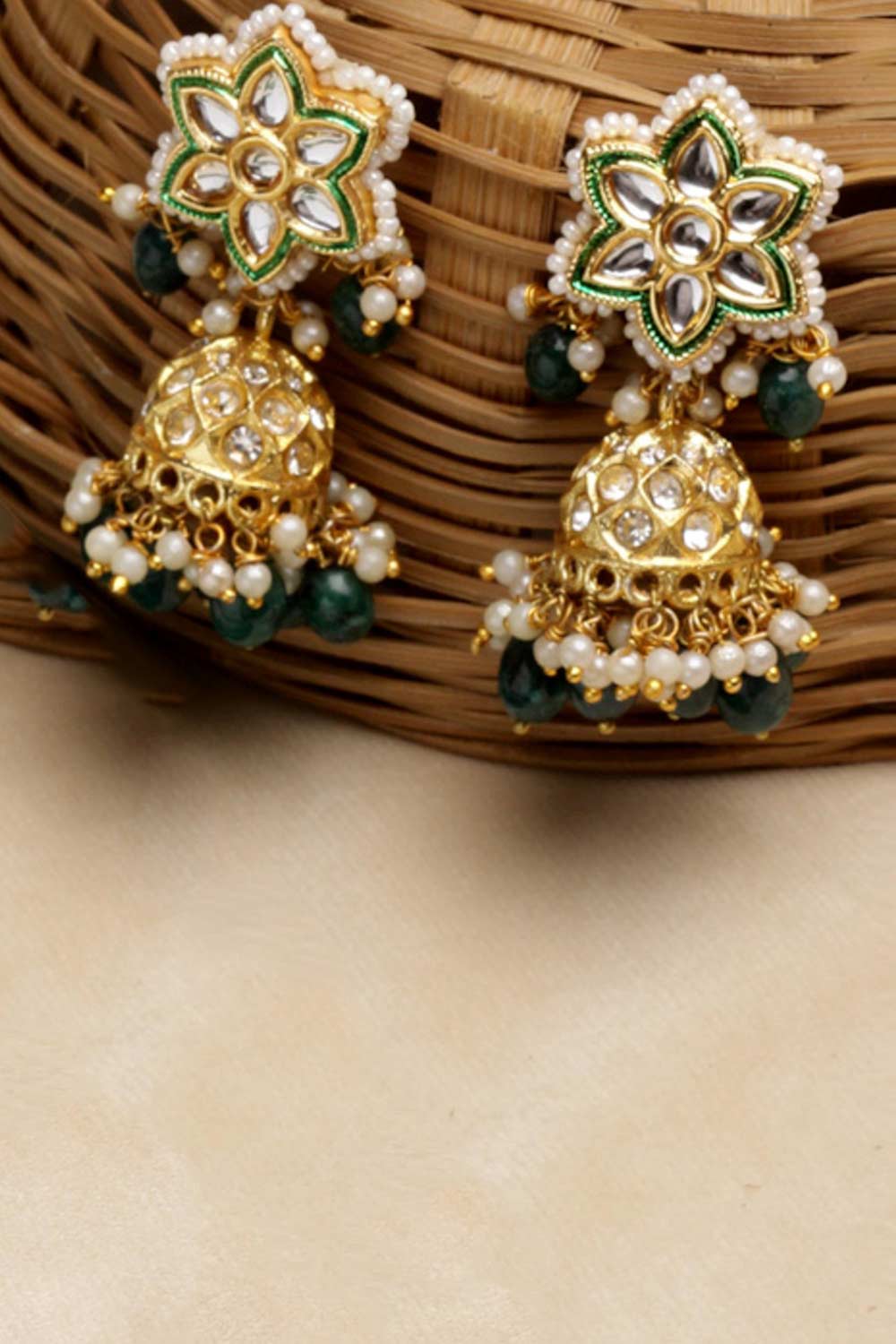 Green And Gold Gold-Plated Kundan And American Diamonds Jhumka Dangling