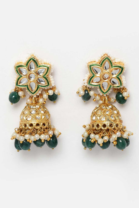 Green And Gold Gold-Plated Kundan And American Diamonds Jhumka Dangling