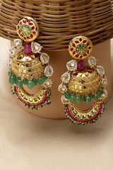 Green And Pink Gold-Plated Kundan And Pearls Jhumka Dangling