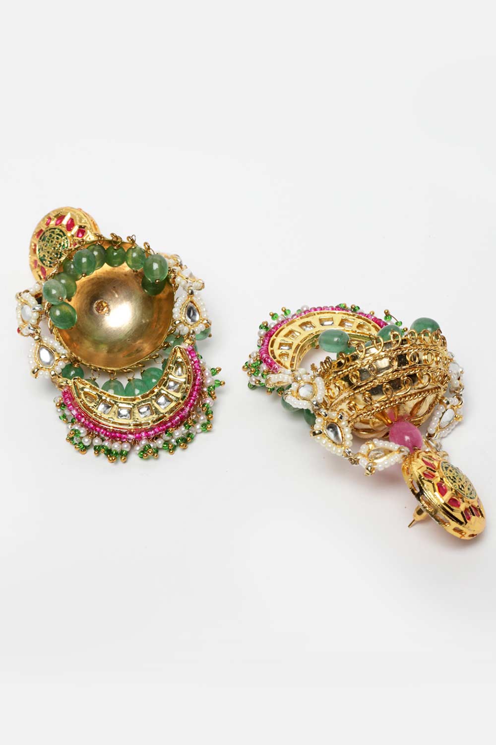Green And Pink Gold-Plated Kundan And Pearls Jhumka Dangling