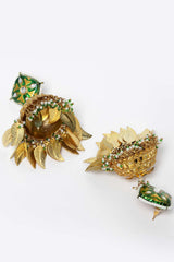 Green And Gold Gold-Plated Kundan And Pearls Jhumka Dangling