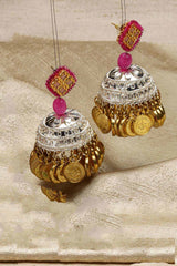 Pink And Gold Gold-Plated Pearls And Natural Stones Jhumka Dangling