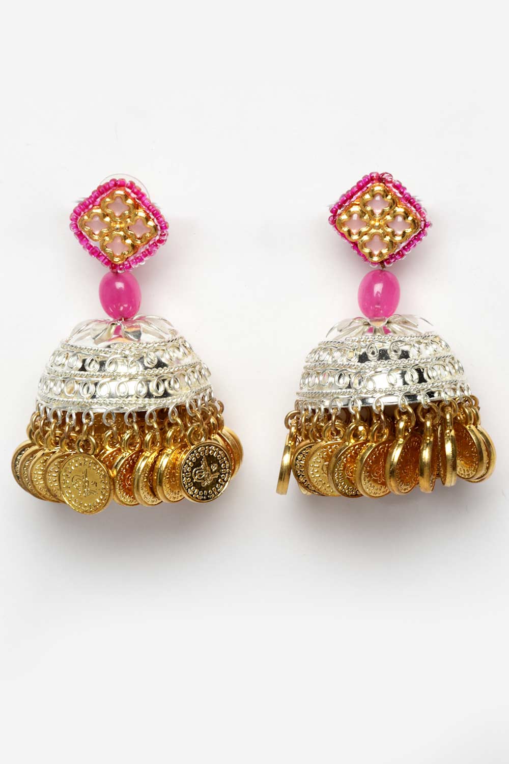 Pink And Gold Gold-Plated Pearls And Natural Stones Jhumka Dangling
