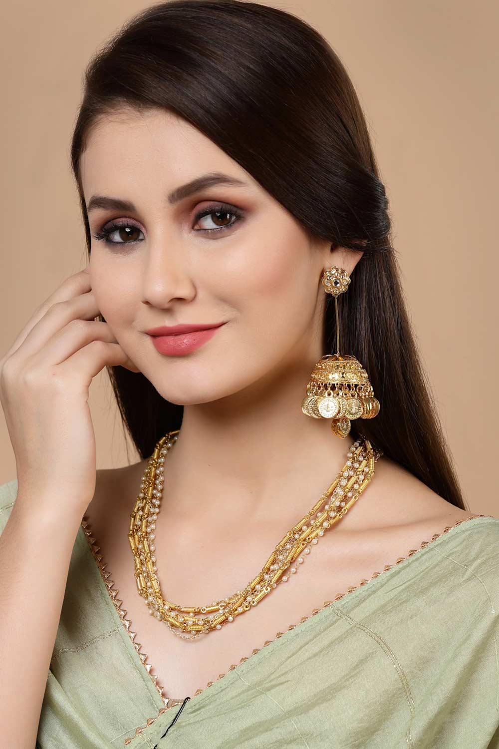 Gold And White Gold-Plated Kundan And Natural Stones Jhumka Dangling