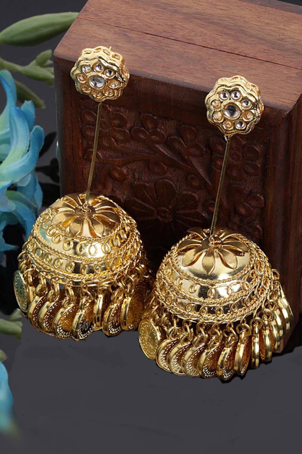 Gold And White Gold-Plated Kundan And Natural Stones Jhumka Dangling