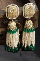 Cream And Green Gold-Plated Kundan And Pearls Jhumka Dangling