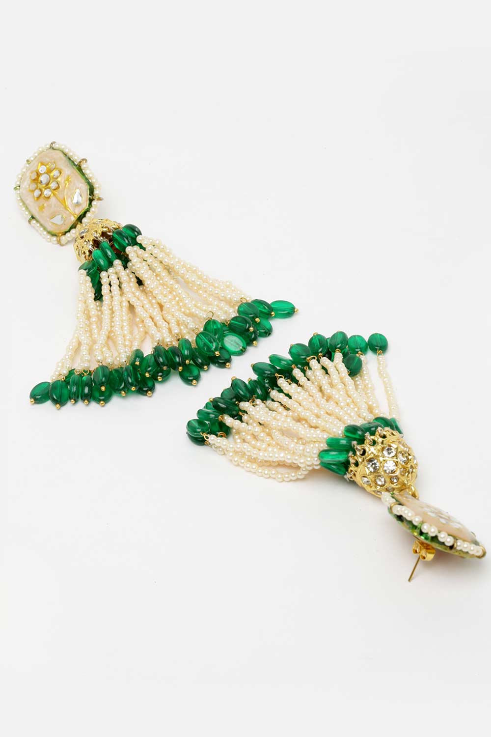Cream And Green Gold-Plated Kundan And Pearls Jhumka Dangling