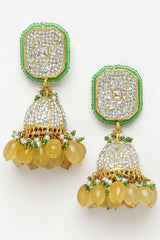 Yellow And Green Gold-Plated Kundan And American Diamonds Jhumka Dangling