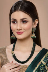 Grey And Green Gold-Plated American Diamonds And Pearls Jhumka Dangling